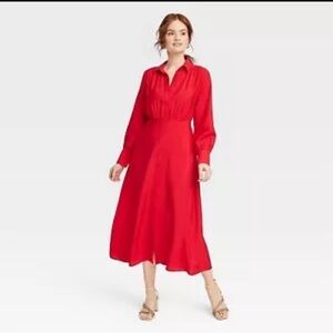 XL - A New Day Red Work Dress Long Sleeve Collared Midi | Americana